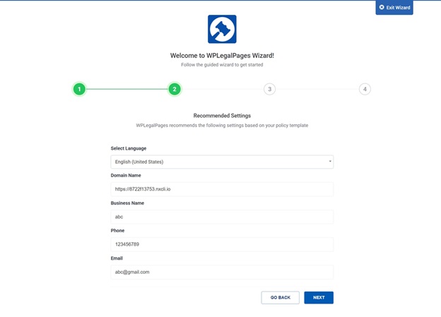 WP Legal Pages wizard step 2